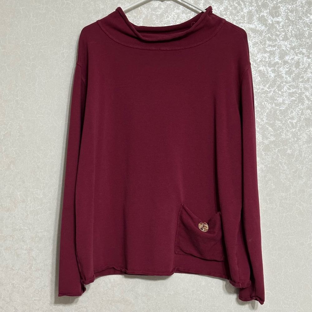CMC Mock Neck Long Sleeve Top Cotton Blend Pocket Detail Burgundy Boho Casual L